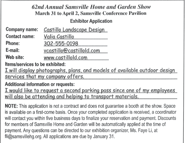 What is Ms. Castillo planning to bring to the show? A. Pictures of gardens  B. Sample trees and plants C. Sample project estimates D. Gardening tools (ảnh 1)