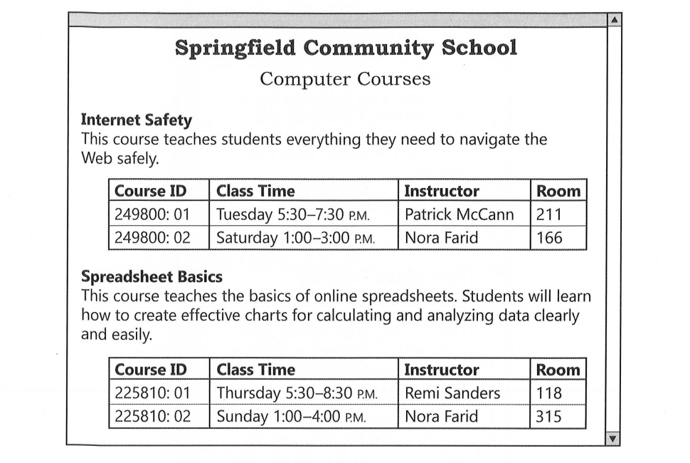 Why would people enroll in the course taught by Ms. Sanders? A. To practice designing Web sites B. To improve their Internet searches C. To get tips on creating spreadsheets  D. To learn how to advertise on the Internet (ảnh 1)