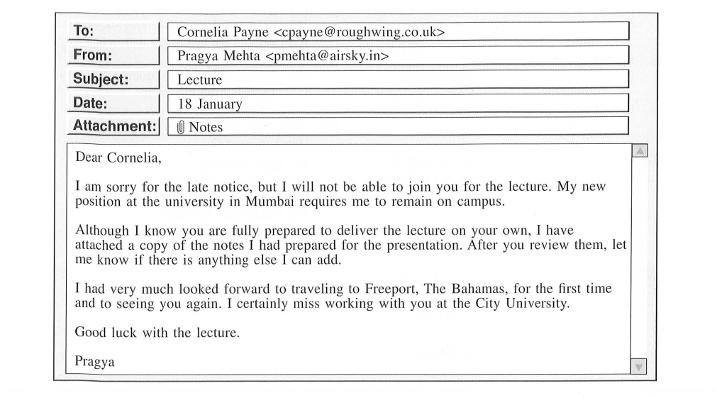 Why did Dr. Mehta send the e-mail to Dr. Payne? A. To cancel a vacation plan B. To request lecture notes C. To confirm a meeting D. To offer an apology (ảnh 1)